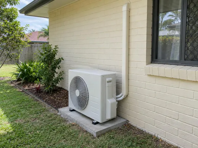 Outdoor air conditioner unit on a concrete pad beside a cream brick house wall in Ormeau